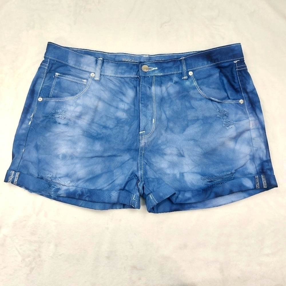 MOSSIMO WOMENS BOYFRIEND MIDI BLUE TIE-DYE DENIM CUFFED SHORTS SIZE 14/33